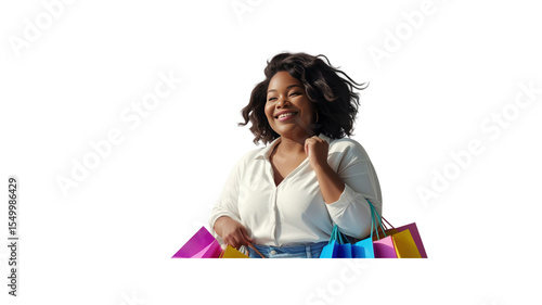 Happy Plus-Size Black Woman Enjoying Retail Therapy with Colorful Shopping Bags