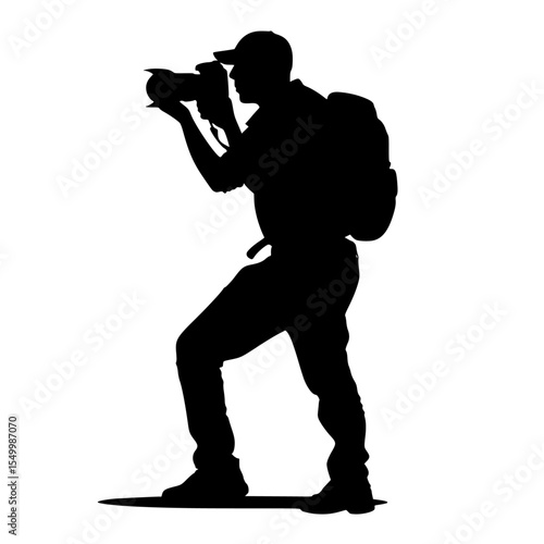 a black and white silhouette of a man with a backpack and camera taking a picture backpack, black, camera, man, photo, photographer, picture, silhouette, tripod , Generative art.