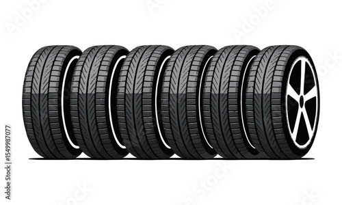 Modern vector illustration of six car tires with alloy rims displayed in a horizontal row, easily editable and scalable.