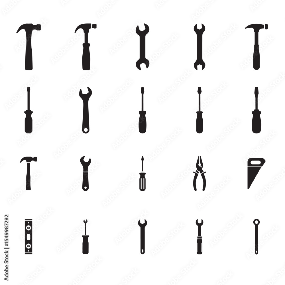 Black and White Tool Icons Set Hammer Wrench Screwdriver Pliers Saw Level Black and White Tool Icons Set Hammer Wrench Screwdriver Pliers Saw Level