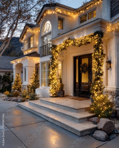Elegant home exterior decorated for the holiday season.