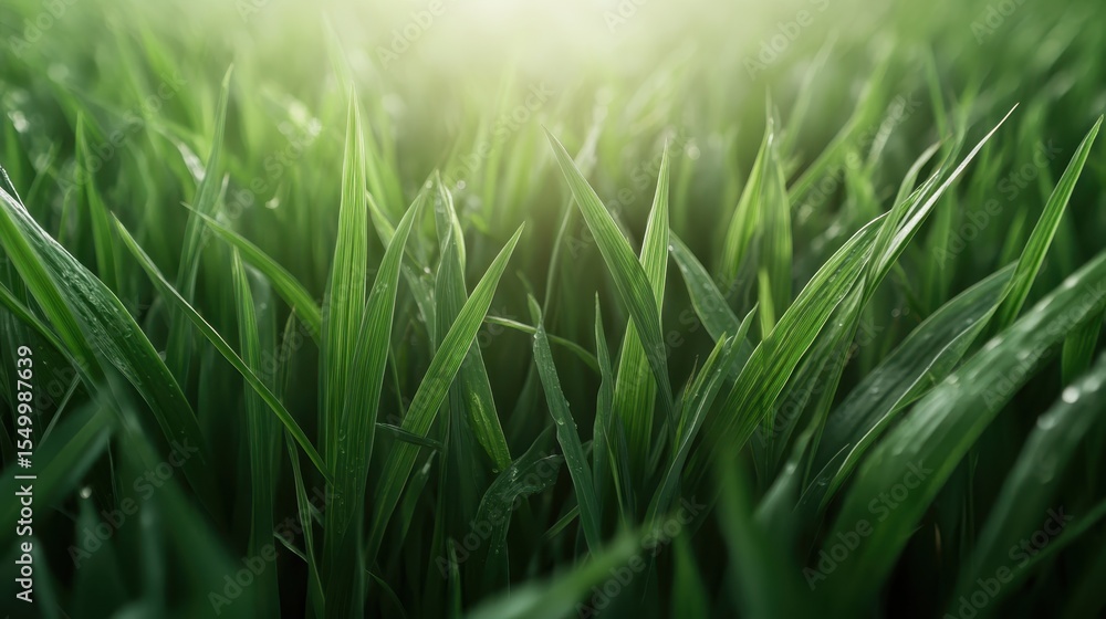 Obraz premium A close-up of vibrant green grass blades illuminated by sunlight, capturing the essence of a lush and healthy natural environment filled with life and freshness.