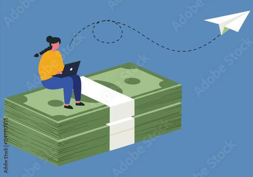 Vector illustration of a businessman fishing, a person finding success in the sport