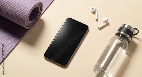 Yoga and Tech Essentials on Minimalist Background