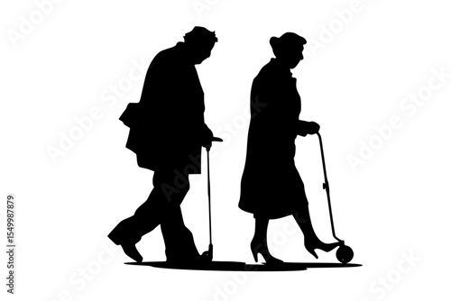 black silhouette of an elderly couple, a man with a cane and an old woman walking with a dog black, cane, couple, dog, elderly, man, old, people, silhouette, walk, woman , Generative art.