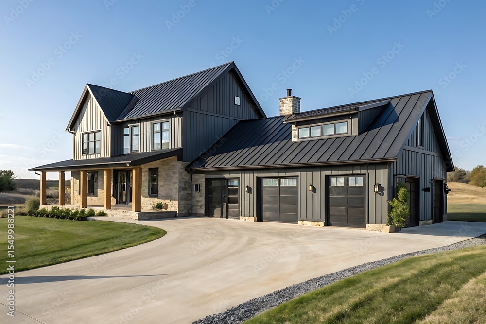 Modern farmhouse with dark metal roof and stone accents on a sunny day silhouette Modern farmhouse with dark metal roof and stone accents on a sunny day silhouette