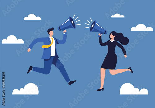 Businesswoman and businessman cartoon vector illustration of people running and jumping on a cloud, symbolizing success in cloud computing