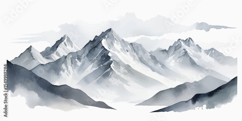 Morning sun illuminates a panoramic winter mountain landscape, with snowy peaks touching the sky and glacial ice glinting cold