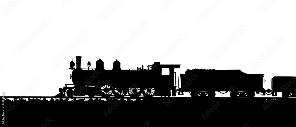 Obraz premium black silhouette of an old steam train on the tracks black, old, silhouette, steam locomotive, steam train, track, train , Generative art.