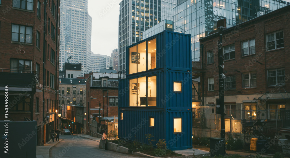 Fototapeta premium Shipping container house home, tiny house in sunny day. Shipping container houses is sustainable, eco-friendly living in the city
