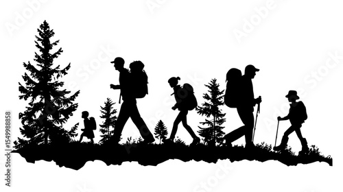black silhouettes of hikers with backpacks walking in the forest backpack, black, forest, hiker, mountain, people, silhouette, walk , Generative art.