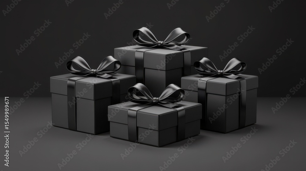 Four black gift boxes with black ribbons on dark background Four black gift boxes with black ribbons on dark background