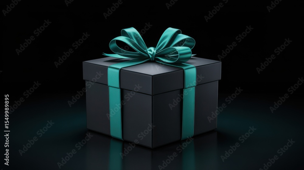 Obraz premium Elegant black gift box with teal ribbon