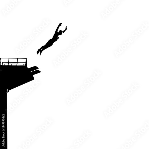 a black and white silhouette of a man jumping off a cliff black, cliff, diver, jump, man, person, silhouette, water , Generative art.