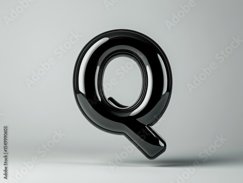 Glossy black capital letter Q on a light gray background