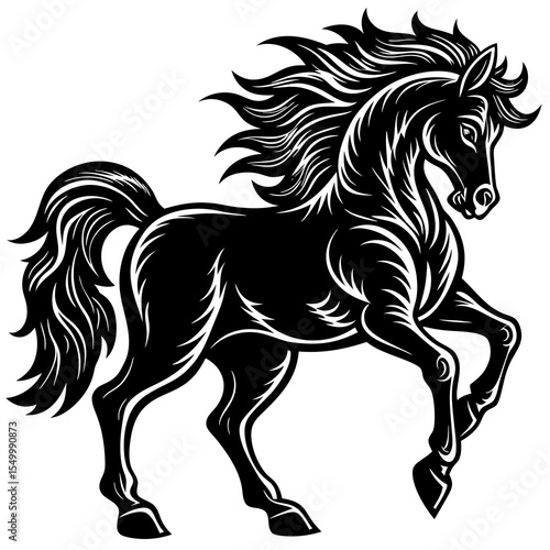 Black stallion prancing with flowing mane isolated on white background