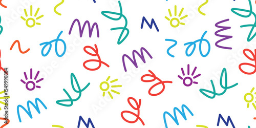Memphis geometric seamless pattern. Multicolor abstract background in retro 80s, 90s style with various shapes: circles, semicircles, dots, zigzags, spirals, wavy lines. Cute kid doodle design