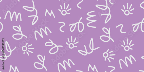 Memphis geometric seamless pattern. Multicolor abstract background in retro 80s, 90s style with various shapes: circles, semicircles, dots, zigzags, spirals, wavy lines. Cute kid doodle design