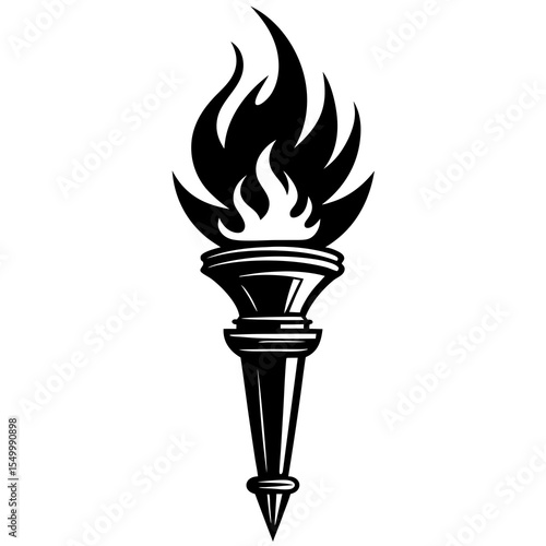 Black and white torch with bright flame isolated on white background