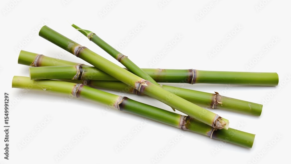 Obraz premium Sugar cane stalks with bright green shades and brown knots lie on a white background. The minimalistic composition emphasizes the naturalness and freshness of this plant.