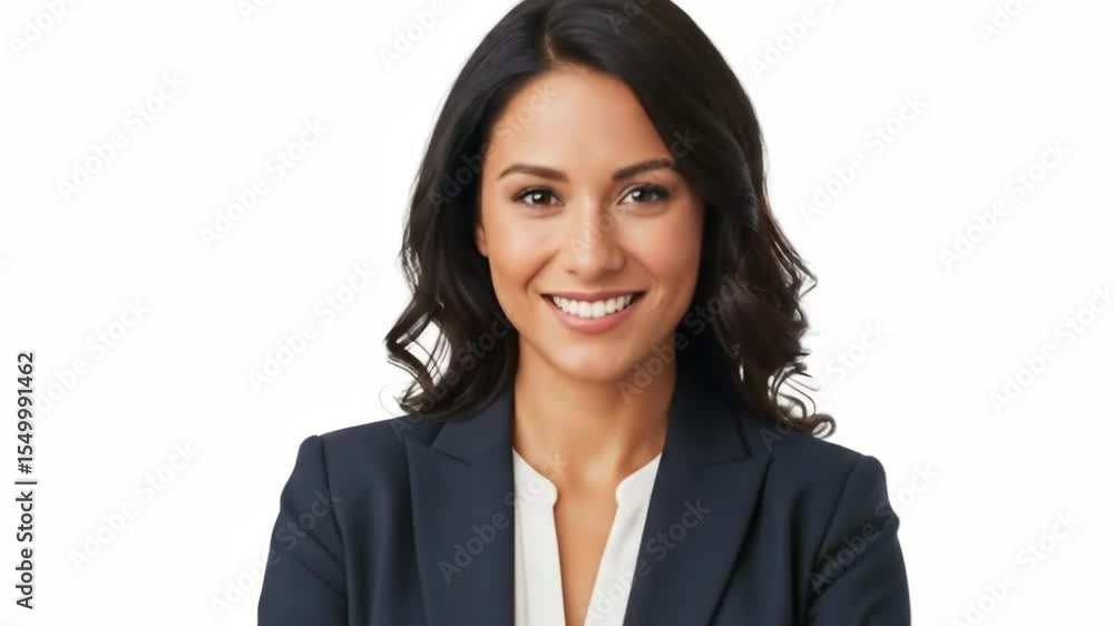 A smiling businesswoman with arms crossed stands confidently isolated on white background A smiling businesswoman with arms crossed stands confidently isolated on white background