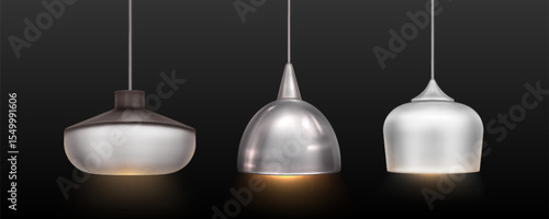 Modern ceiling pendant lamp set with metallic finishes. Hanging lights in different shapes - dome, bowl and cylindrical designs. Interior lighting fixtures for contemporary home decor on dark bg.