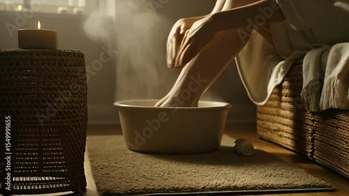 Woman relaxing with feet in warm water at home spa setting  