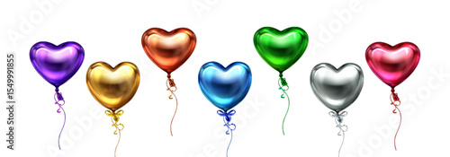 Glossy 3d heart balloons floating with ribbons - metallic collection of shiny romantic decorations for valentine celebration, party or wedding. Colorful inflatable love symbols on white background.