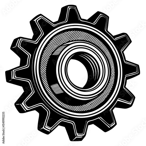 Black gear with intricate internal design isolated on white background