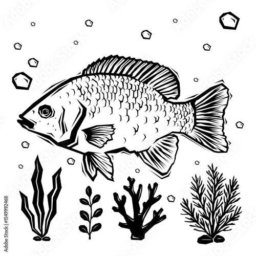 Tilapia with Seaweed in Black and White Sketch Illustration