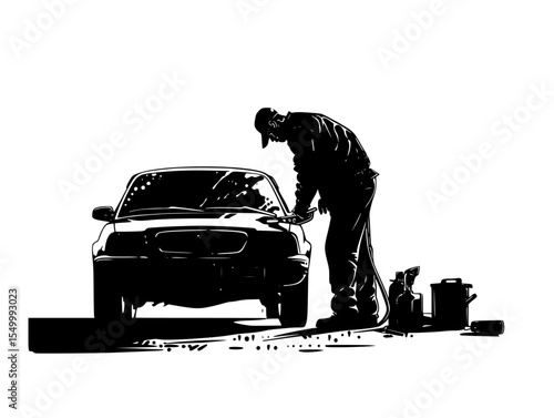 a black and white silhouette of a man working under the hood of a car black, car, hood, man, mechanic, silhouette, work , Generative art.