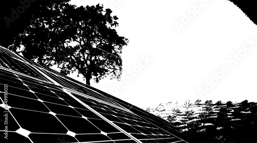 a black and white silhouette of a building with solar panels black, building, large, panel, silhouette, sky, solar, tree , Generative art.