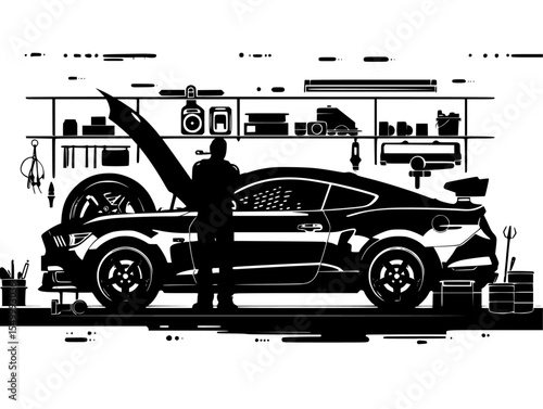 a black and white illustration of a person working on the hood of a car in a garage black, car, garage, hood, illustration, man, mechanic, person, silhouette, stand, work on , Generative art.