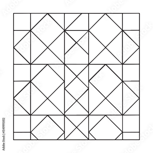 Symmetrical Minimalist Geometric Tiling Pattern of Diamonds and Triangles within Divided Square Grid in Monochrome