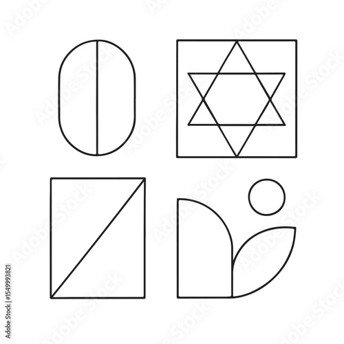 e mail icon on metal internet button, Four Minimalist Geometric Forms: Oval, Star-Patterned Square, Diagonal-Split Square, Semicircle & Leaf Composite Artwork