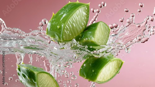 Fresh green aloe vera leaves splashing into clear water, creating dynamic droplets and bubbles against a soft pink background, showcasing the refreshing essence of natural skincare and hydration