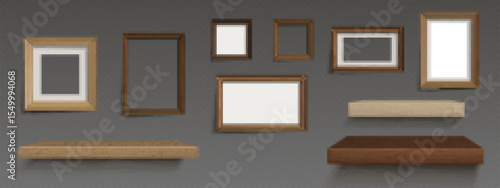 Wooden photo frame collection on wall shelf - empty picture borders in various sizes displayed on ledge and hung. Interior decor mockup for gallery arrangement, home decoration or memory showcase.
