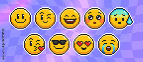 Pixel art emoticon faces on purple. Yellow circles showing various expressions - smiling and winking, laughing and blushing, nervous sweating and kiss heart, cool sunglasses, love eyes, crying tears.