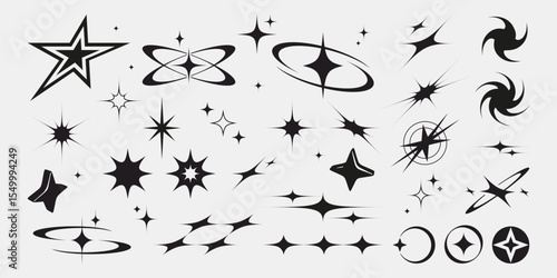 Black star shapes collection with sparkle and bling effects - various geometric stars and bursts, swirls and spark design elements. Modern decorative graphics set for badges, retro space themes.