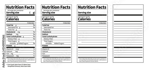 Nutrition facts label. Blank editable vector template. Custom mockup. Food packaging