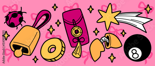 Vibrant lucky doodle symbols on pink - ladybug and bell, coin and envelope with charm, shooting star, fortune cookie and eight ball. Colorful good luck icons for positive vibes, superstition themes.