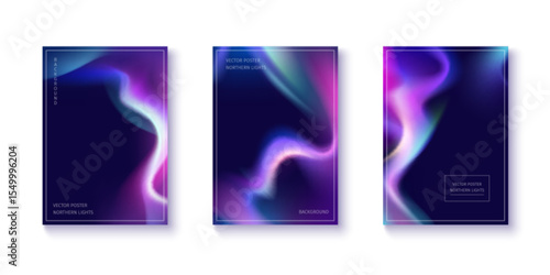 Vibrant aurora gradient background posters with northern lights effect. Neon ethereal purple, blue and pink flowing waves. Modern vector designs for creative projects with luminous cosmic energy.