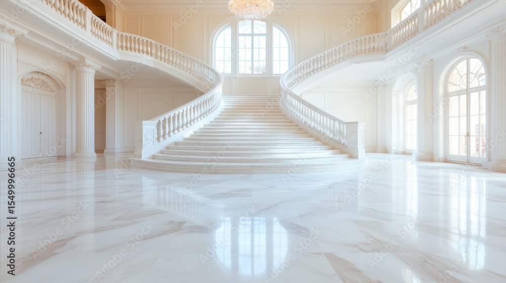Obraz premium A breathtaking view of an elegant marble staircase in a grand hall, exuding sophistication and luxury, illuminated by natural light from large windows above.