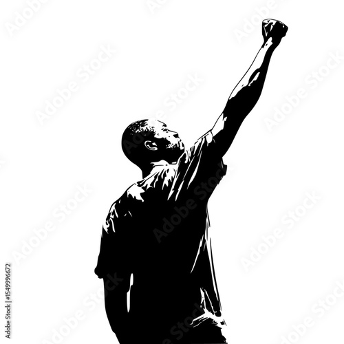 a black and white silhouette of a man holding his arms in the air and a kite flying in the sky arm, ball, black, fist, fly, hand, hold, kite, man, person, silhouette, sky , Generative art.