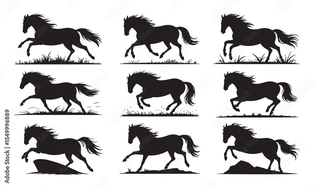 Obraz premium Nine Black Horse Silhouettes Running Jumping Vector Illustration