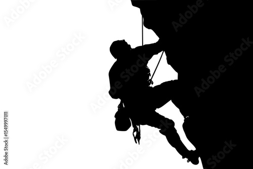 a black and white silhouette of a climber hanging on to a rope black, climb, climber, hang, man, people, person, rock climber, rope, silhouette , Generative art.