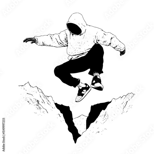 a black and white drawing of a person riding a skateboard jumping black, drawing, fly, jump, man, person, ride, skateboard, skateboarder, snowboarder , Generative art.