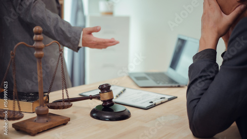 Businessmen consult with lawyers, submit additional documents, and pay for lawyers' services. After reaching an agreement and signing the contract, the two shake hands. Concept, Justice, and Lawyers