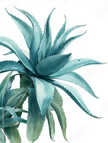 Cool Toned Blue Green Aloe Plant Botanical Art Isolated On A White Canvas