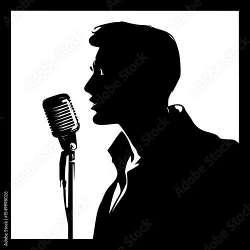 a black and white silhouette of a man singing into a microphone black, hold, man, microphone, silhouette, singe, suit, talk , Generative art.
